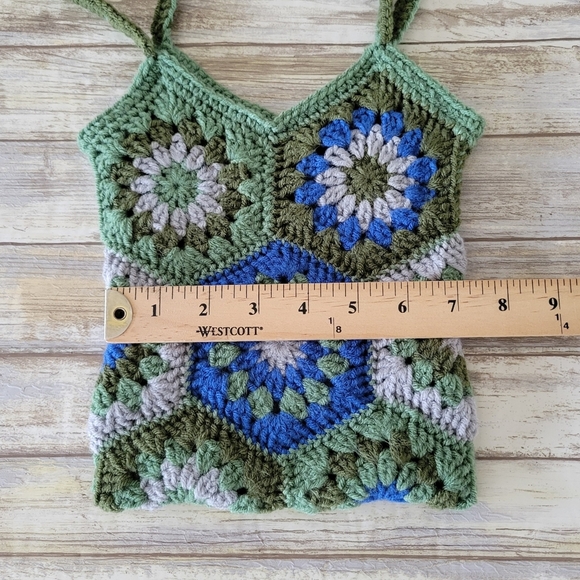 Handmade Crochet Granny Square Hexagon Boho Shoulder Bag Tote Green Blue Gray - Picture 6 of 8